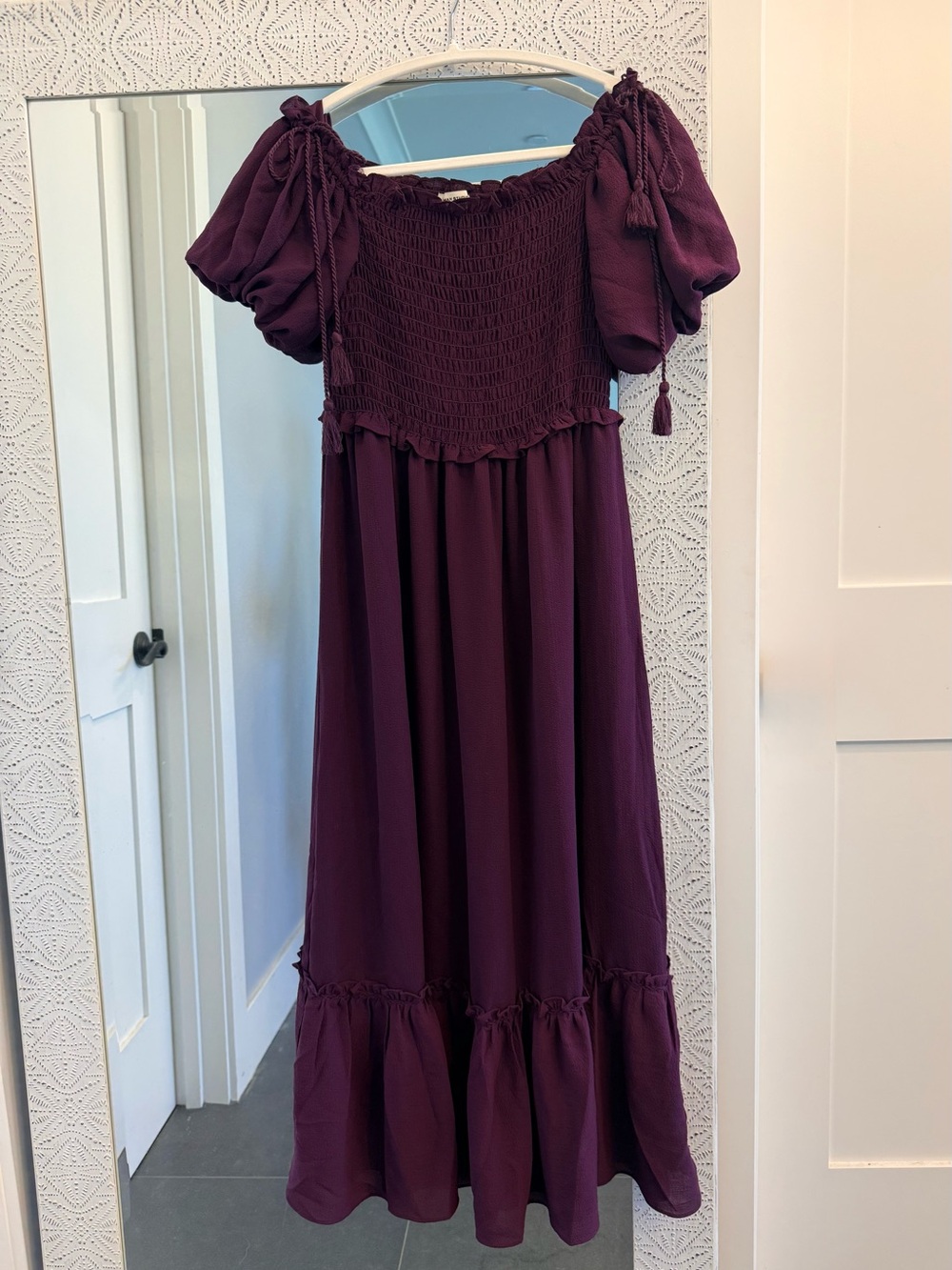 Max Studio Smocked Dress Purple Puff Sleeve Off Shoulder NWT